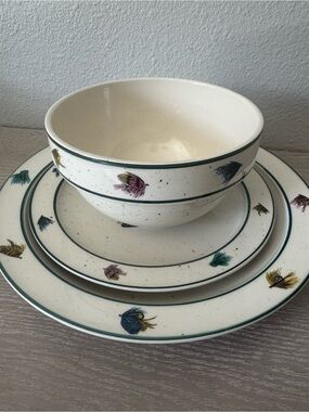 FOLK CRAFT Stoneware RAINBOW TROUT Fly Fishing Soup Bowl, dinner, dessert plate